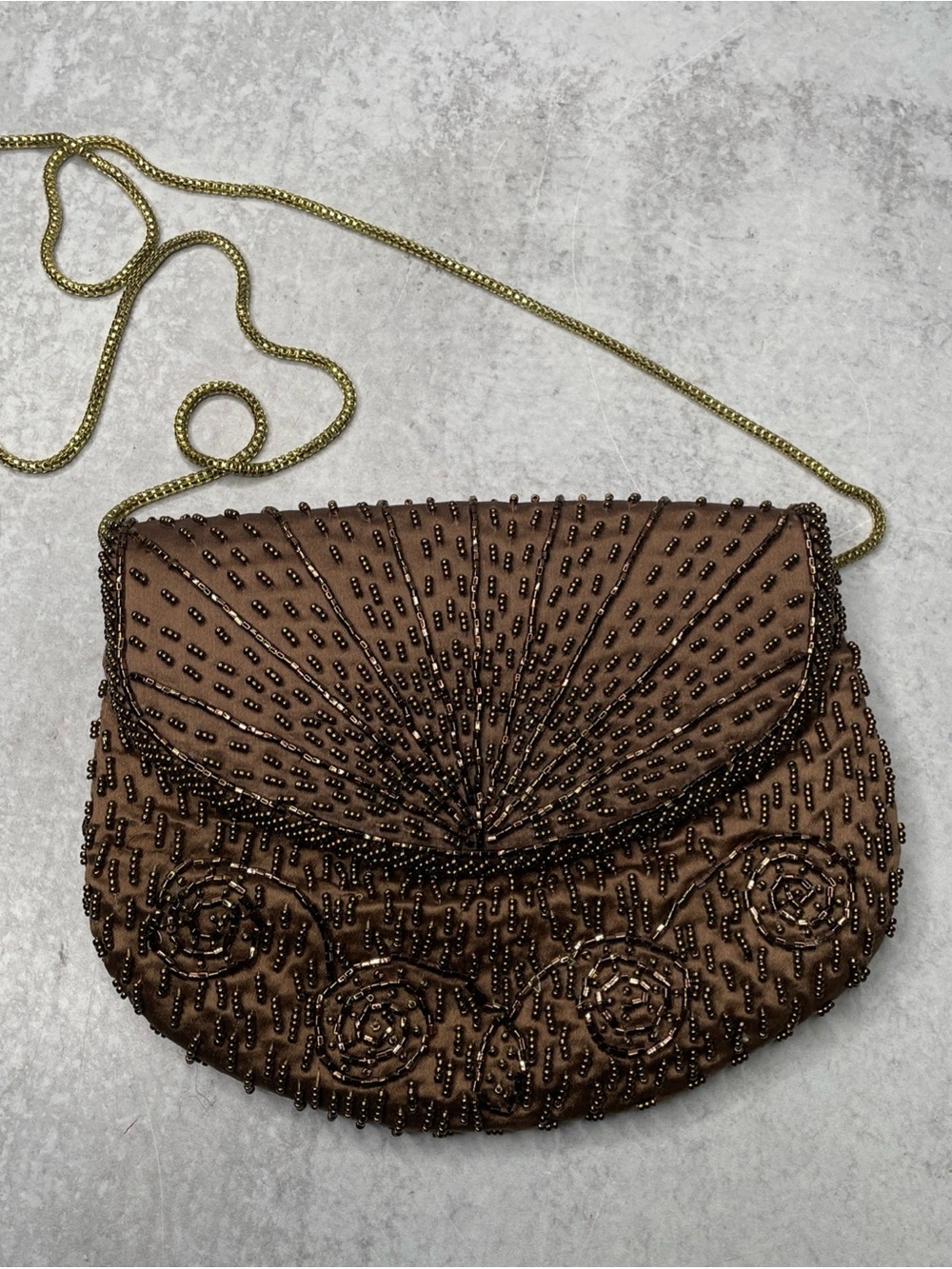 Vtg Brown Magid Beaded Evening Purse Handbag Clutch Accents Hong Kong Macau
